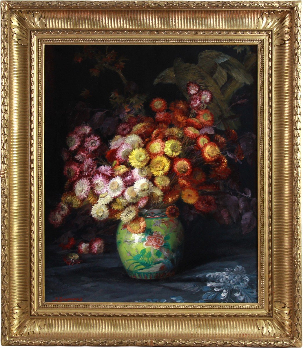 Oil On Canvas "still Life With Flowers And Chinese Vase" By Julien Stappers