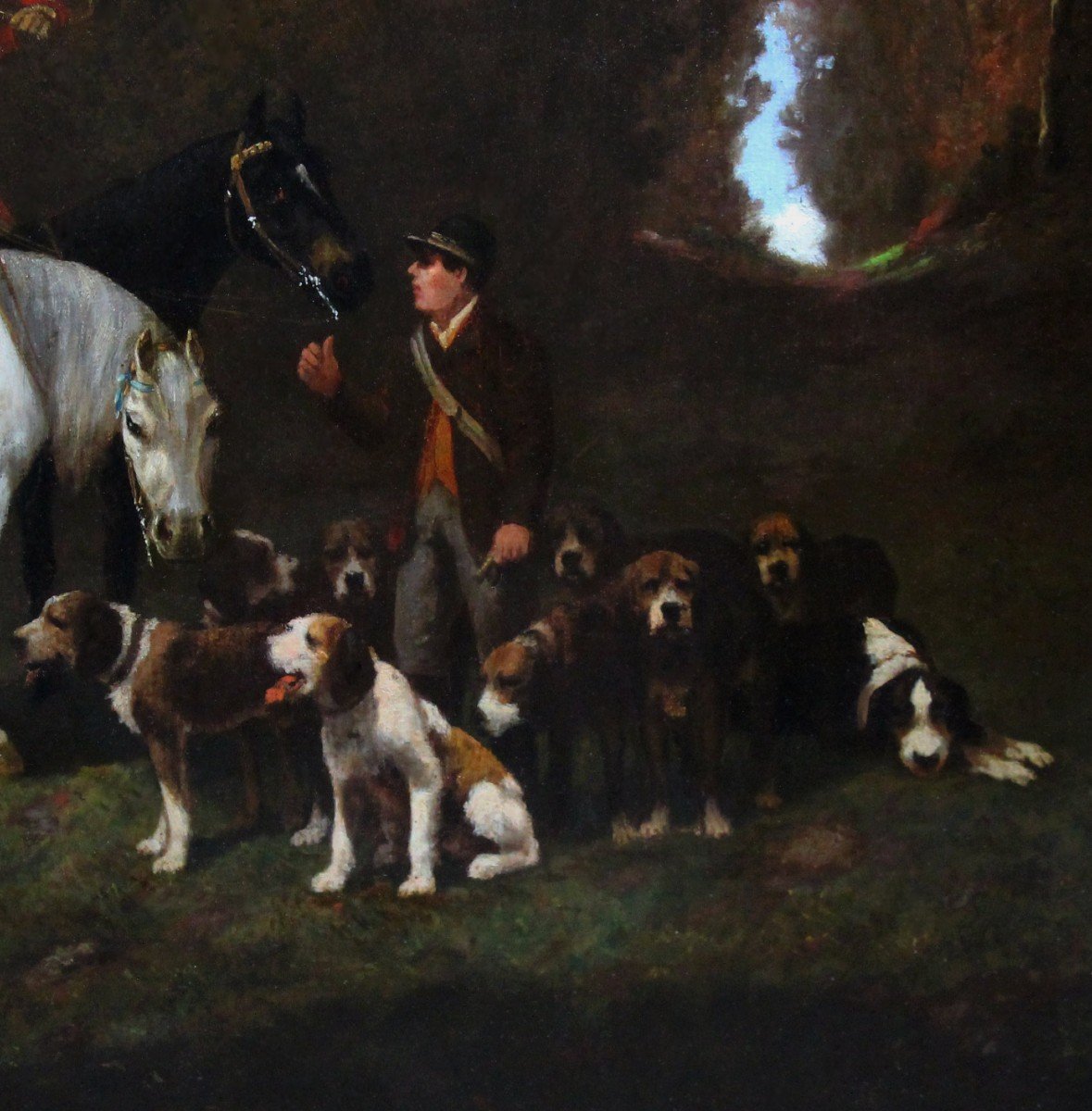 Oil Painting, Hunting Scene With Dogs And Horses Surrounding Or Attr. Alfred De Dreux 19th-photo-3