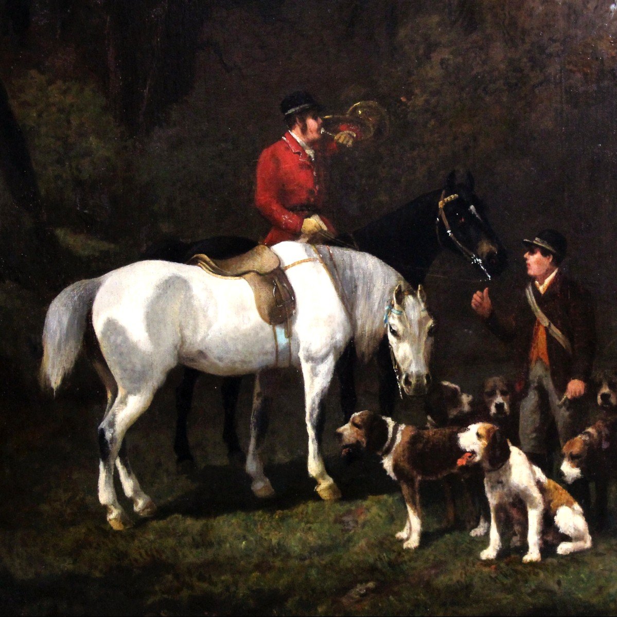 Oil Painting, Hunting Scene With Dogs And Horses Surrounding Or Attr. Alfred De Dreux 19th-photo-1