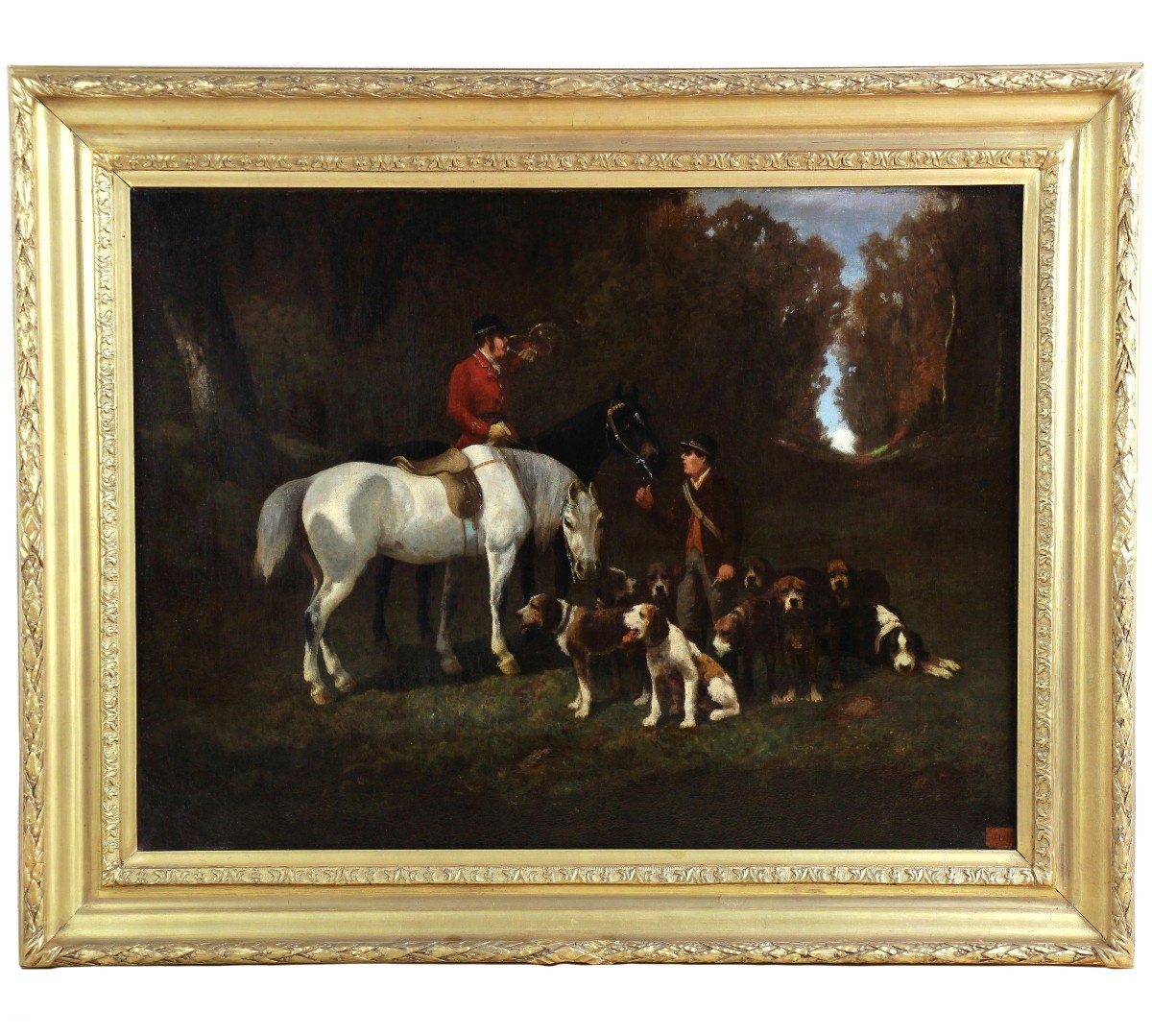 Oil Painting, Hunting Scene With Dogs And Horses Surrounding Or Attr. Alfred De Dreux 19th