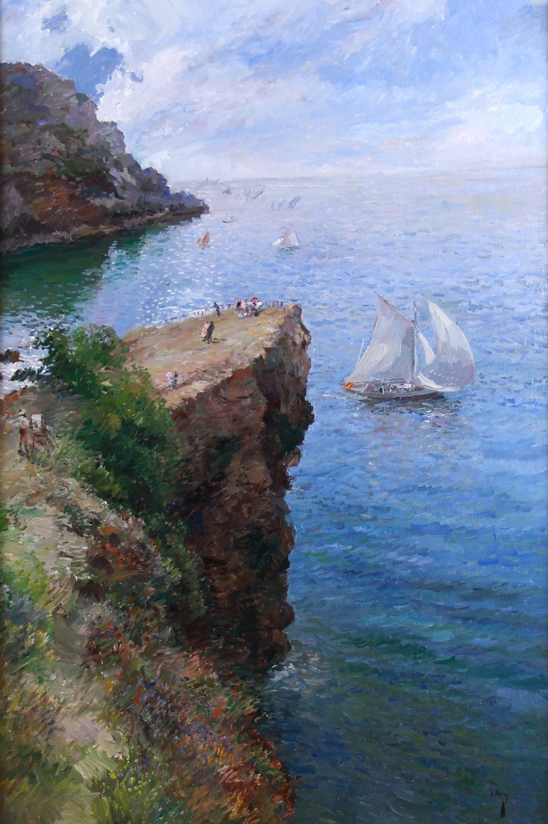 Oil On Canvas On Panel, Mediterranean View With Sailboat And Cliffs-photo-2