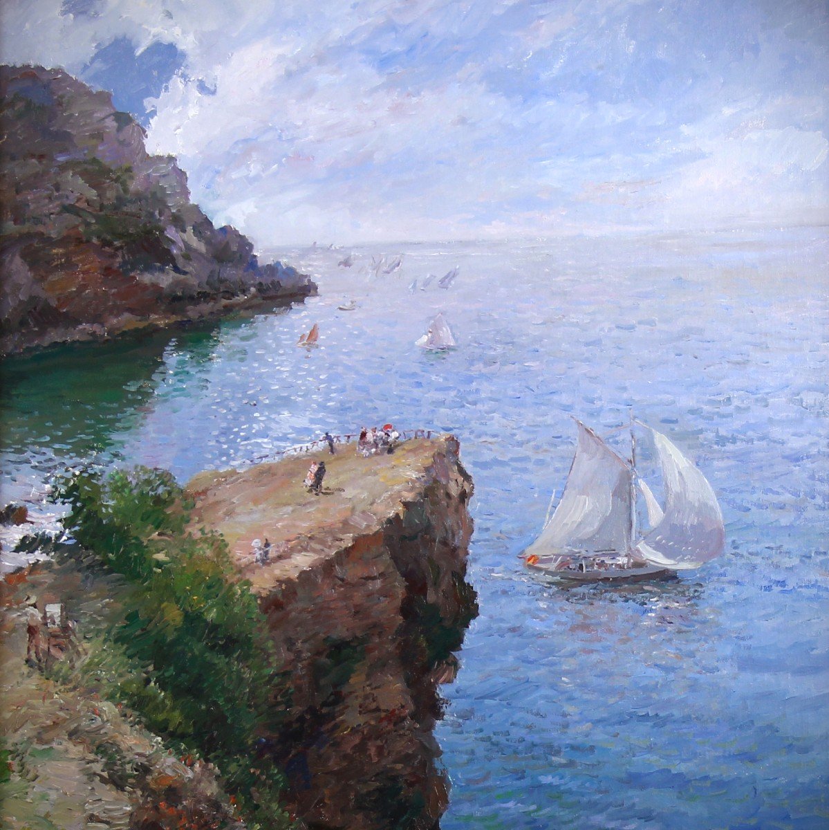 Oil On Canvas On Panel, Mediterranean View With Sailboat And Cliffs-photo-3