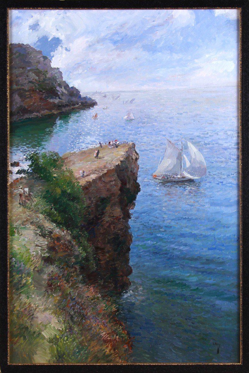 Oil On Canvas On Panel, Mediterranean View With Sailboat And Cliffs