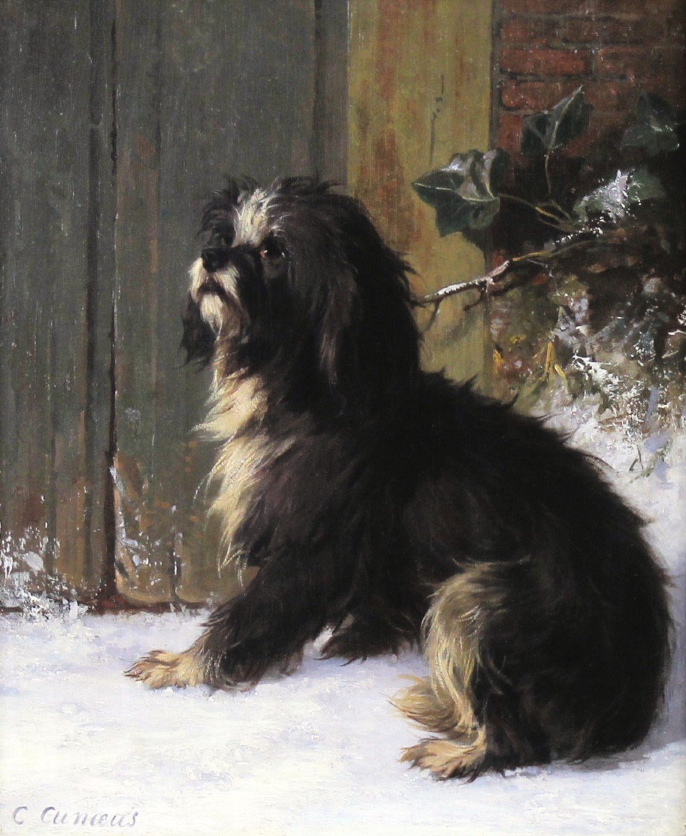 Huile Sur Panneau , Portrait De Chien Terrier Par Conradijn Cunaeus 19ème-photo-2