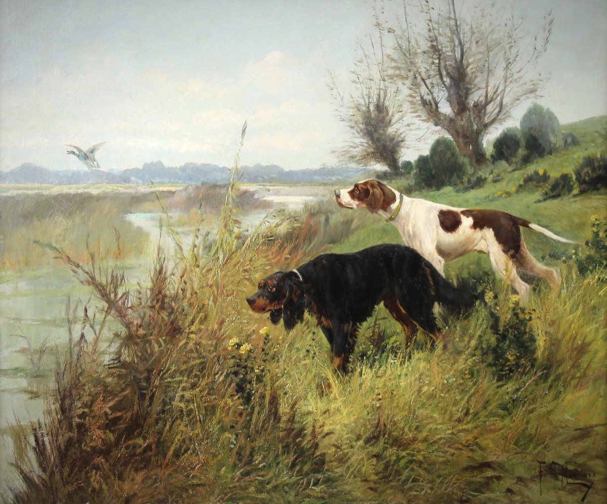 Peinture Huile Sur Toile , Chiens De Chasse Dans Un Paysage-photo-2