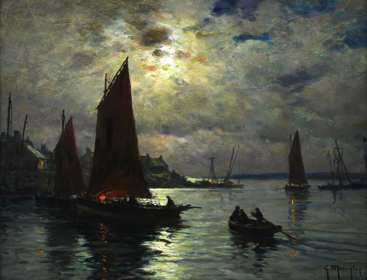 Port And Fishing Boats At Dusk, Oil On Panel By Georges Maroniez-photo-2