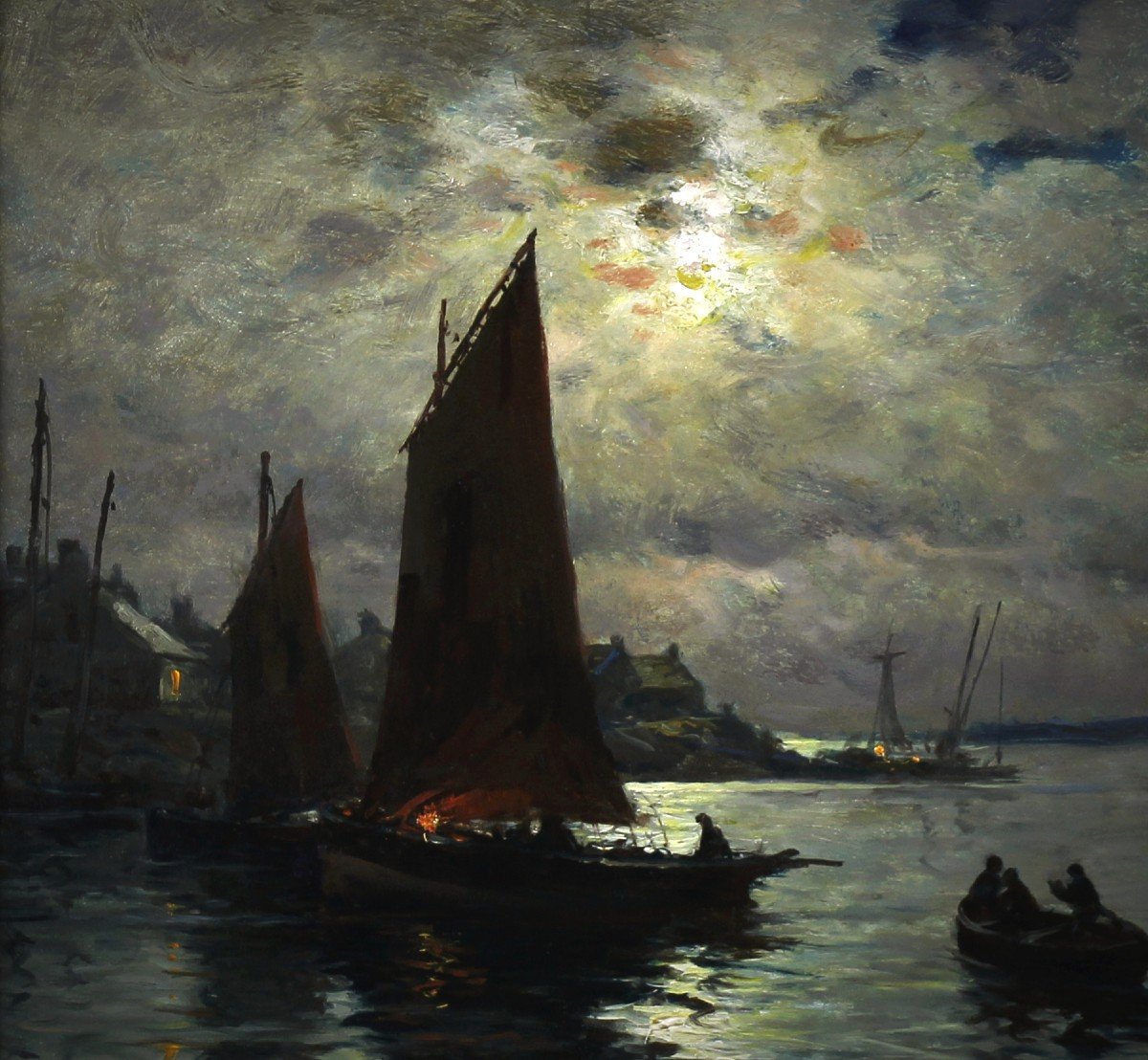 Port And Fishing Boats At Dusk, Oil On Panel By Georges Maroniez-photo-3