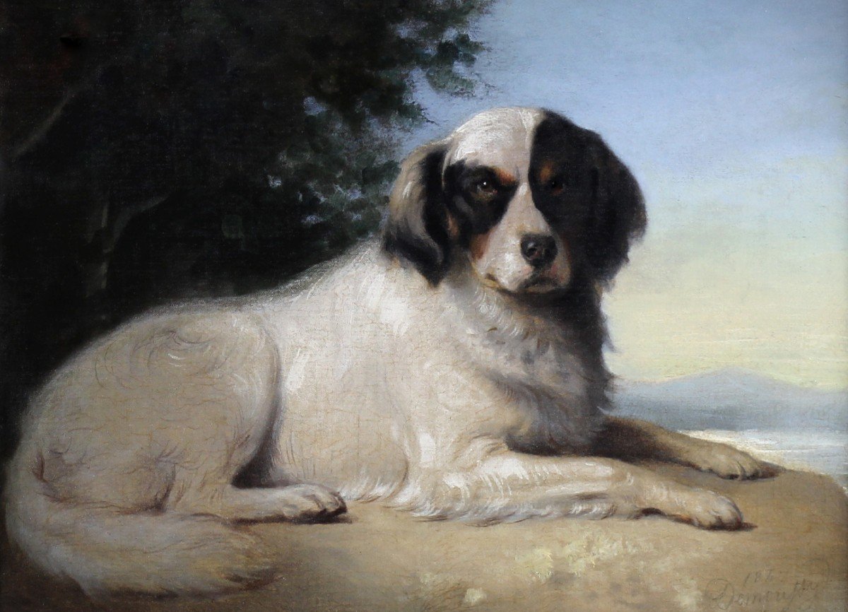 Dog In A Landscape Oil On Canvas 19th Century By Augustin Luc Demoussy Dated 1847-photo-2