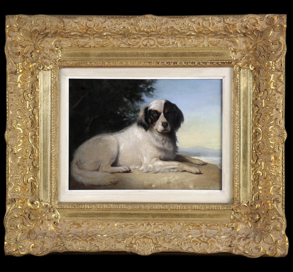 Dog In A Landscape Oil On Canvas 19th Century By Augustin Luc Demoussy Dated 1847-photo-2