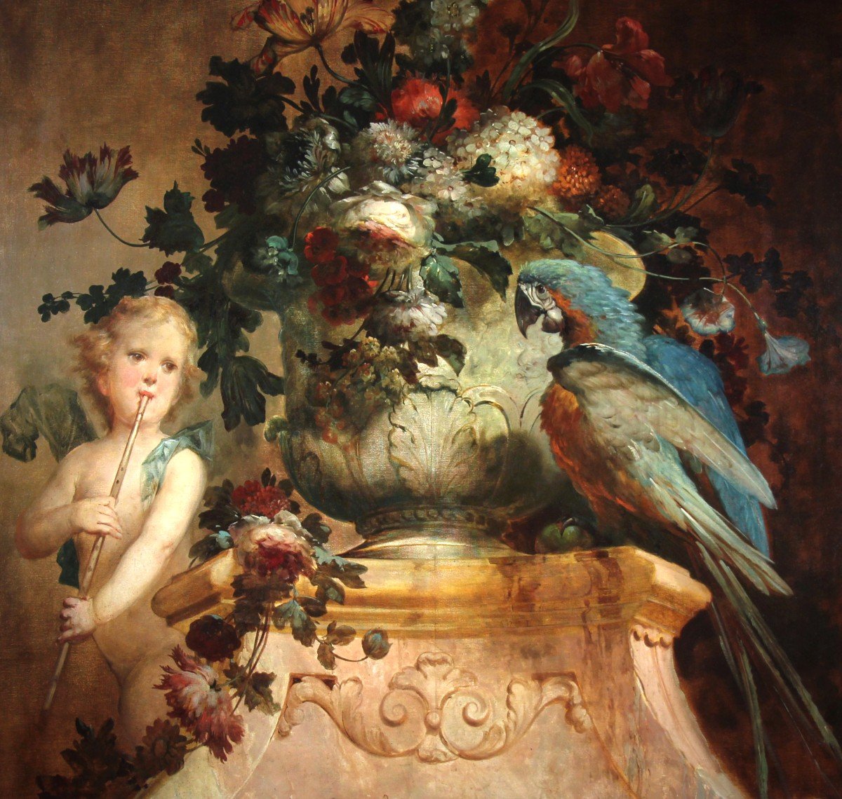 Huile Sur Toile « Nature Morte Avec Fleurs Putti Et Perroquet » Attr. Vittorio Amedeo Rapous-photo-2