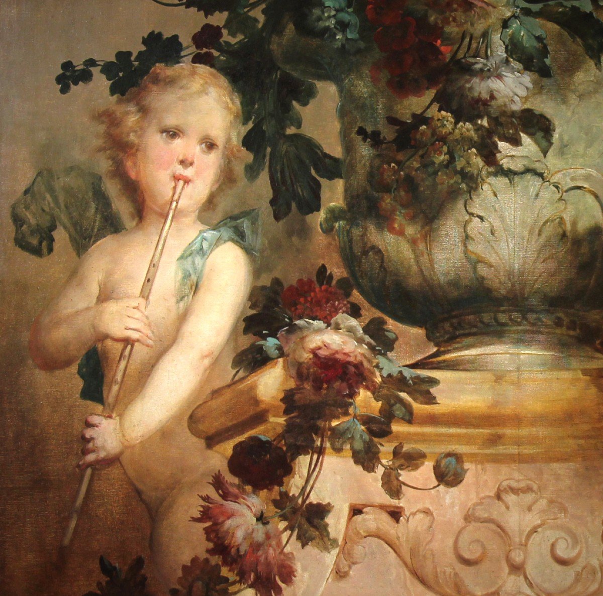 Huile Sur Toile « Nature Morte Avec Fleurs Putti Et Perroquet » Attr. Vittorio Amedeo Rapous-photo-4