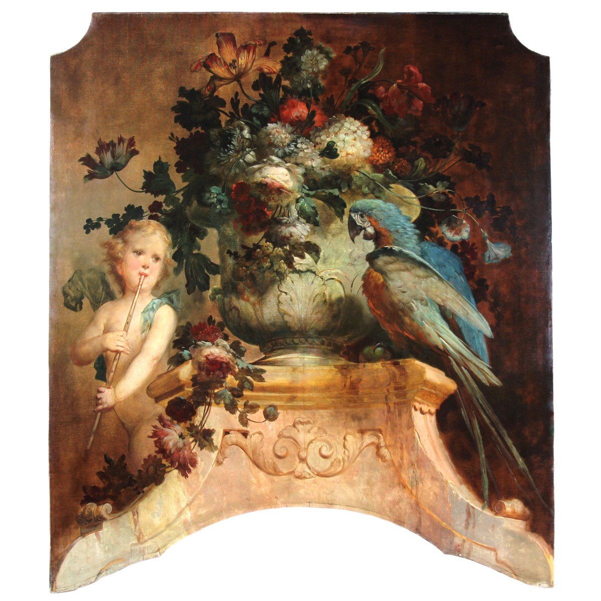 Huile Sur Toile « Nature Morte Avec Fleurs Putti Et Perroquet » Attr. Vittorio Amedeo Rapous