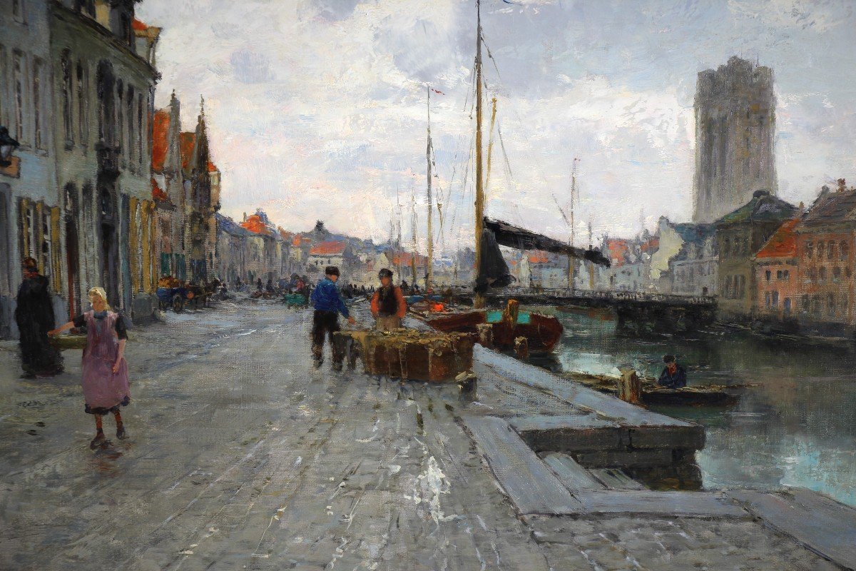 Large Oil On Canvas View Of The Quays Of Malines In Belgium Dated 1898 -photo-2