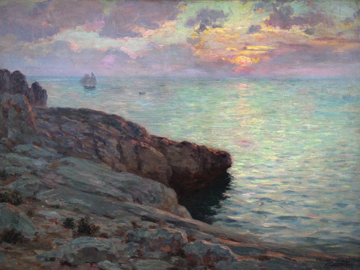 Marine At Sunset, French Oil On Canvas By Charles Louis Signoret 19th C.-photo-2