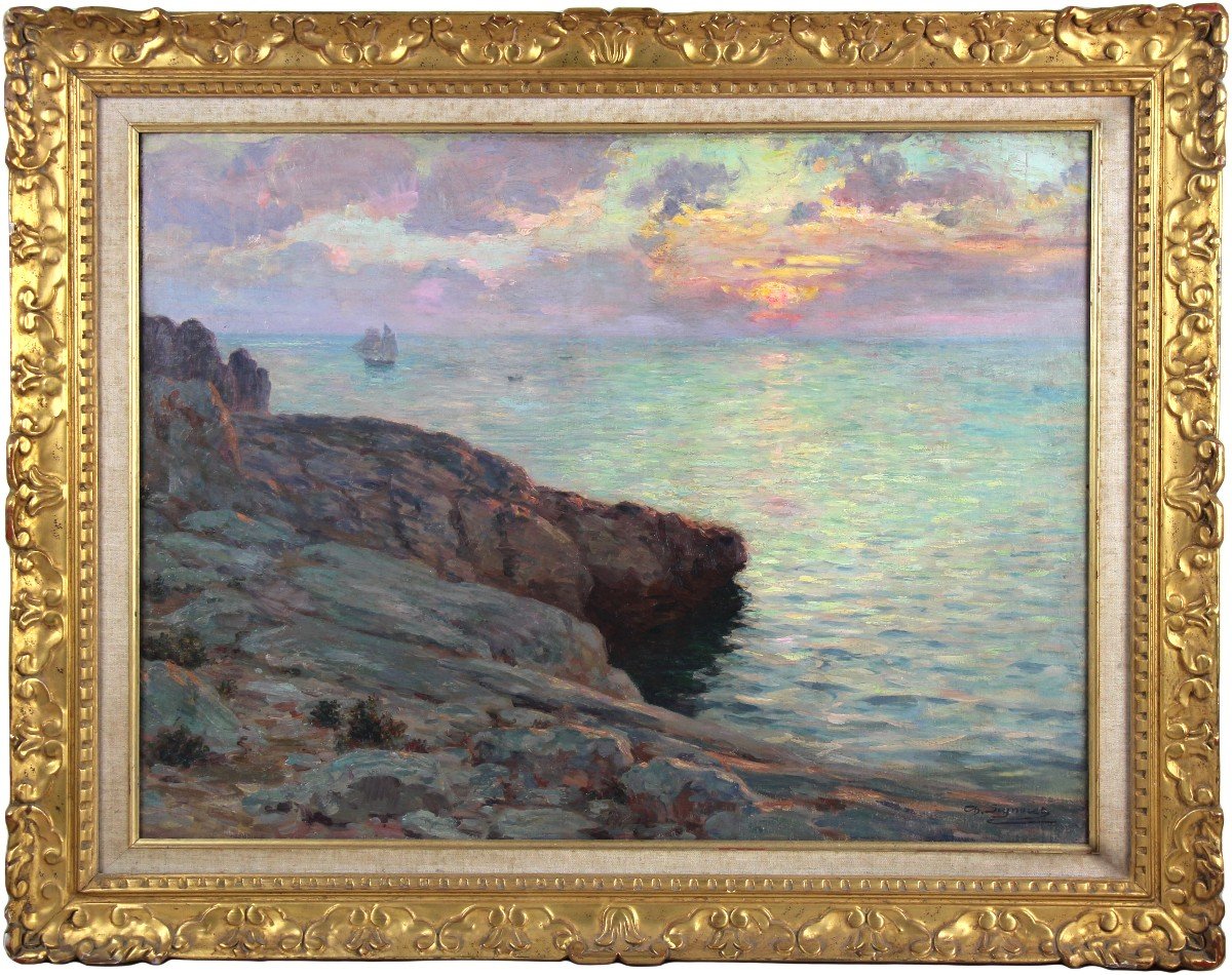 Marine At Sunset, French Oil On Canvas By Charles Louis Signoret 19th C.