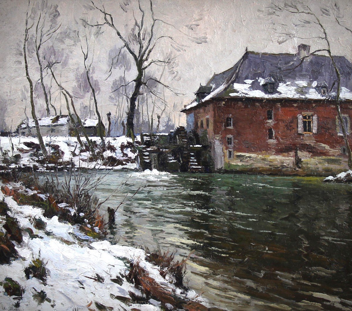 "the Red Cloister Mill Under The Snow" Oil On Canvas By Louis Clesse Belgian School-photo-2