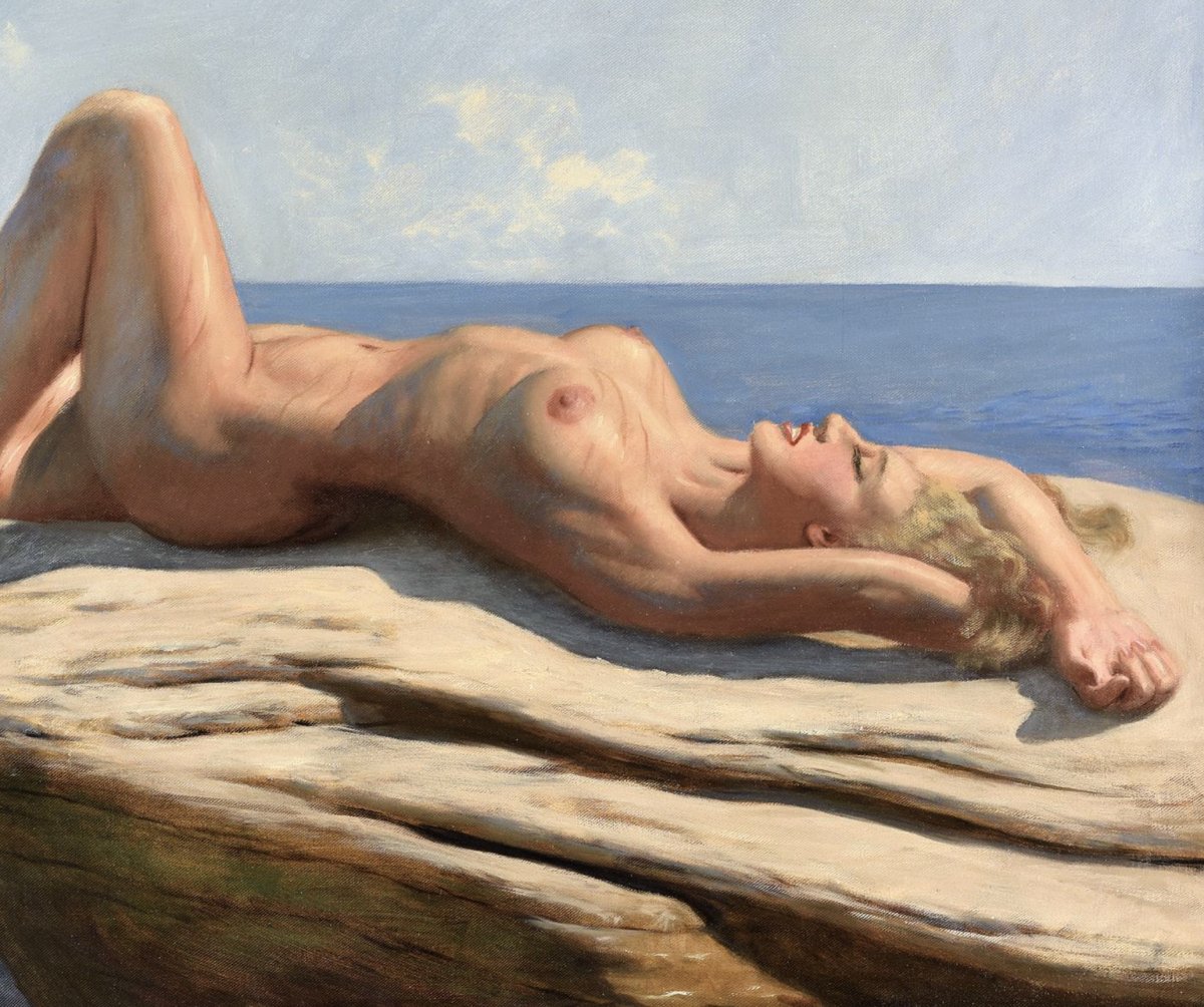 Oil On Canvas Reclining Nude By Marcel René Herrfeldt-photo-3