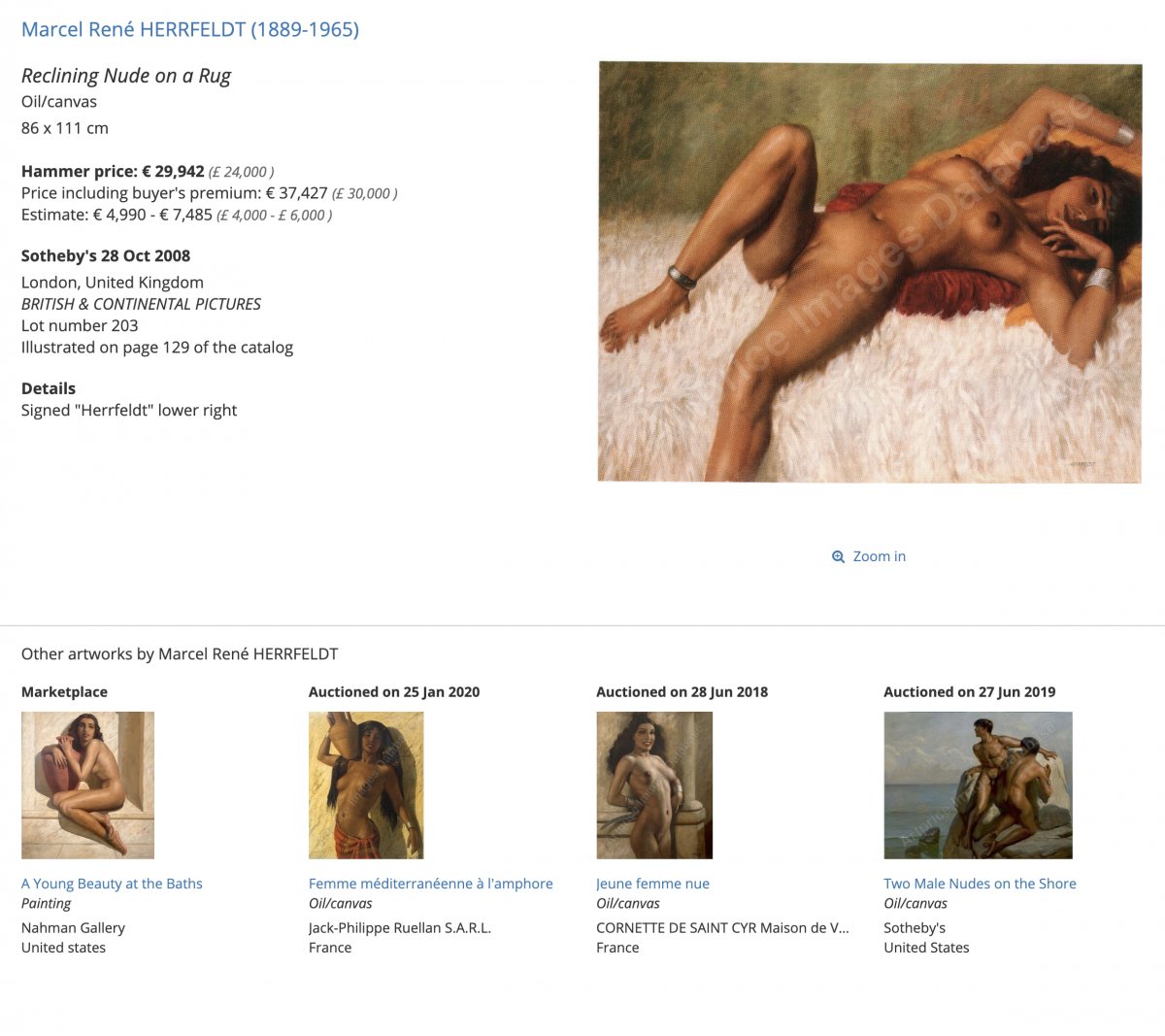 Oil On Canvas Reclining Nude By Marcel René Herrfeldt-photo-3