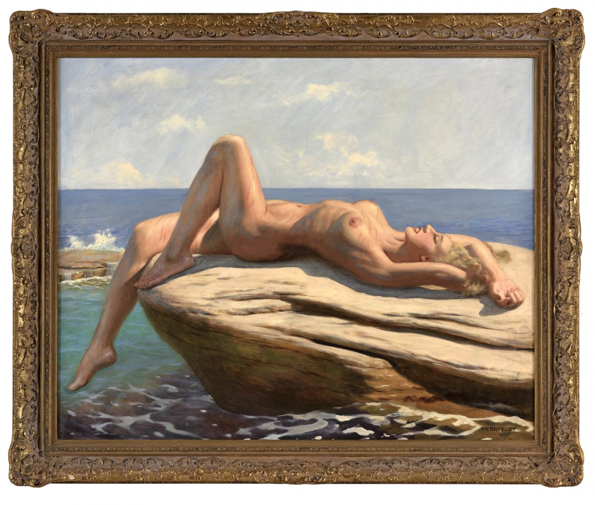 Oil On Canvas Reclining Nude By Marcel René Herrfeldt-photo-5