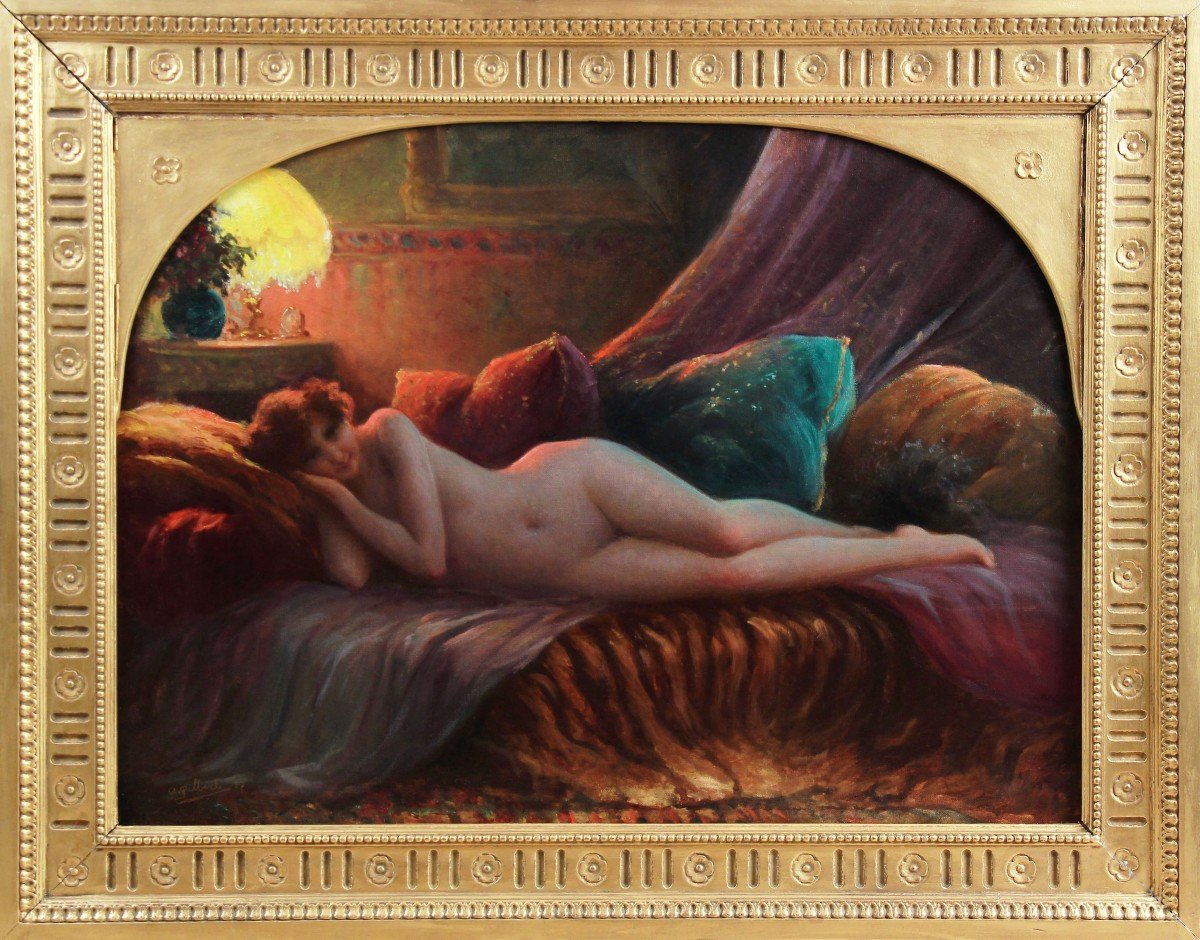 Nu Allong&eacute; Sur un divan , Art Nouveau Sign&eacute; Allan Gilbert