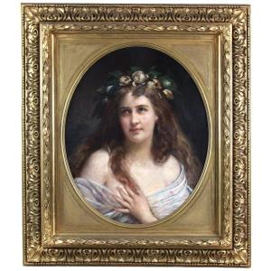 Huile Sur Toile, Portrait Dame Art Nouveau XIX Avec Cadre Ovale 