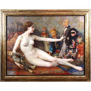 Oil On Canvas Nude "odalisque Aux Pantins" Belgian School