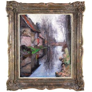 Huile Sur Toile " Reflets Dans Le Ruisseau" Par Georges De Sloovere Peintre Impressionniste 