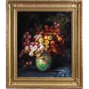 Oil On Canvas "still Life With Flowers And Chinese Vase" By Julien Stappers
