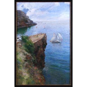 Oil On Canvas On Panel, Mediterranean View With Sailboat And Cliffs