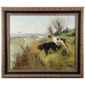 Peinture Huile Sur Toile , Chiens De Chasse Dans Un Paysage