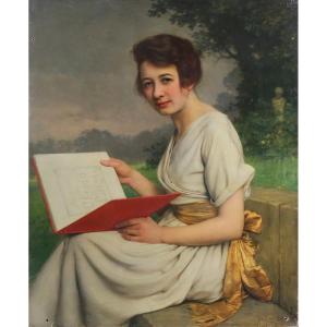 Portrait Of A Woman Reading In A Garden Oil Painting On Panel By Jan Van Beers 1900