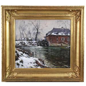 "the Red Cloister Mill Under The Snow" Oil On Canvas By Louis Clesse Belgian School