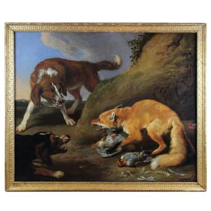 Huile Sur Toile "renard Attaqué Par Deux Chiens De Chasse" Attr. Frans Snyders 17ème 