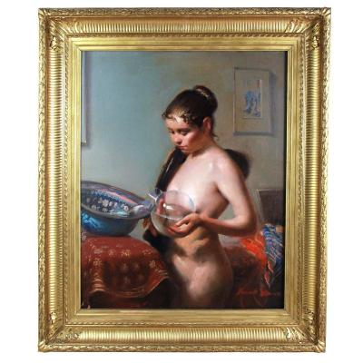 Oil On Canvas Young Naked Woman Doing Her Toilet Frame 1955