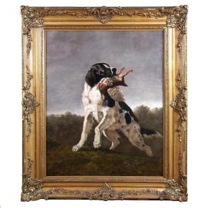 Oil On Canvas Spaniel Hunting Dog With Pheasant