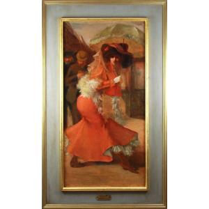 Large Oil Painting On Canvas Belle Epoque Art Nouveau With Frame