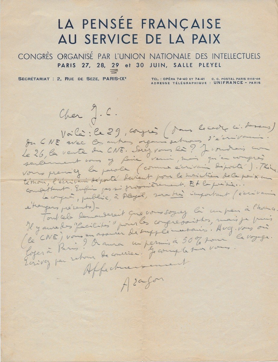 Louis Aragon – Lettre Autographe Signée