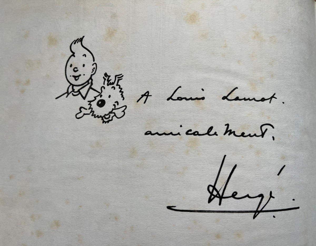 Herge – Tintin And Snowy Album Signed With Original Drawing