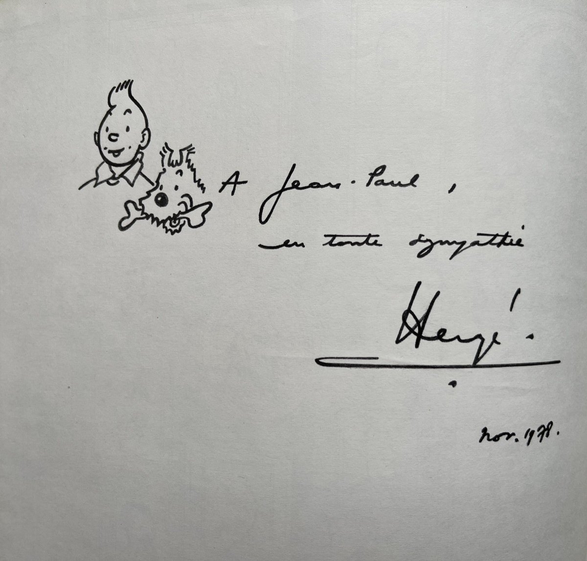 Herge – Album Avec Dessin Original Tintin Et Milou Dédicacé