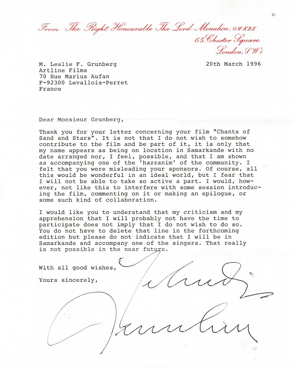 Yehudi Menhuin – Signed Letter