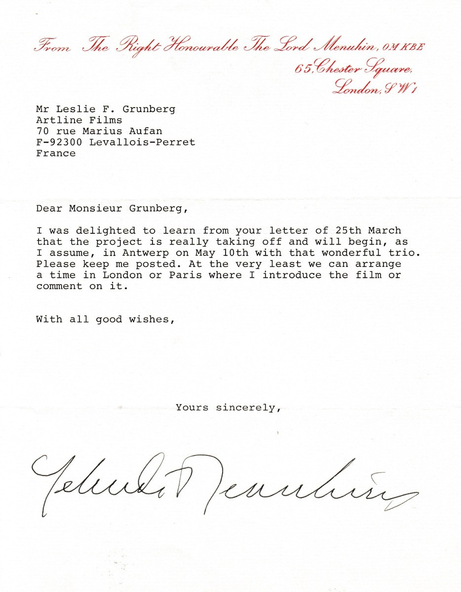 Yehudi Menhuin – Signed Typewritten Letter