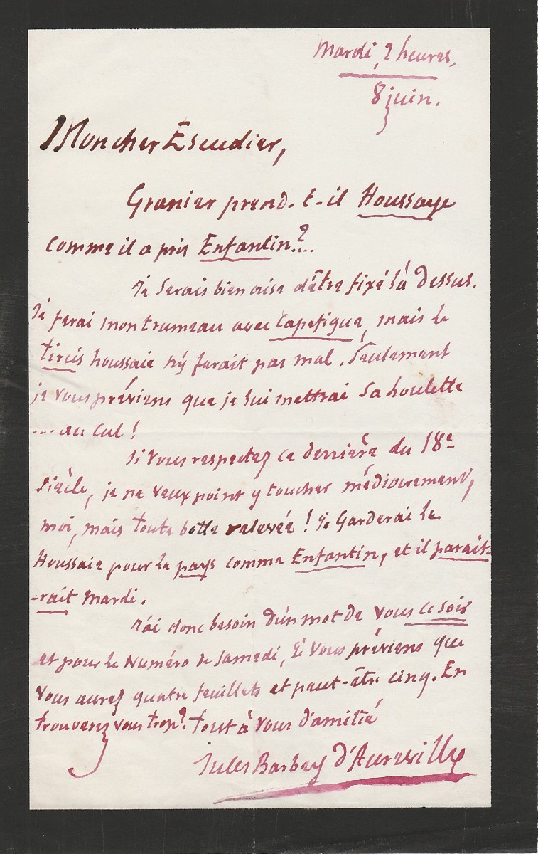 Jules Barbey d'Aurevilly – Lettre Autographe Signée