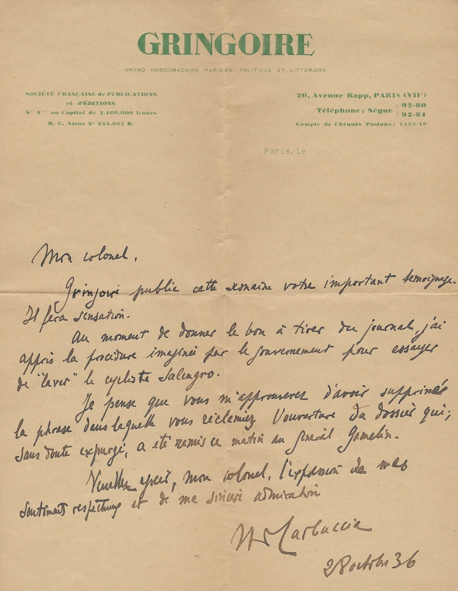 Affaire Salengro - Horace De Carbuccia Lettre Autographe Signée