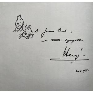 Herge – Album Avec Dessin Original Tintin Et Milou Dédicacé