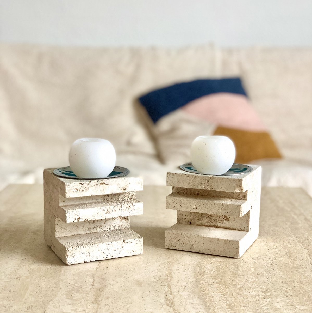 Pair Of Travertine Candlesticks By Fratelli Mannelli, 1970