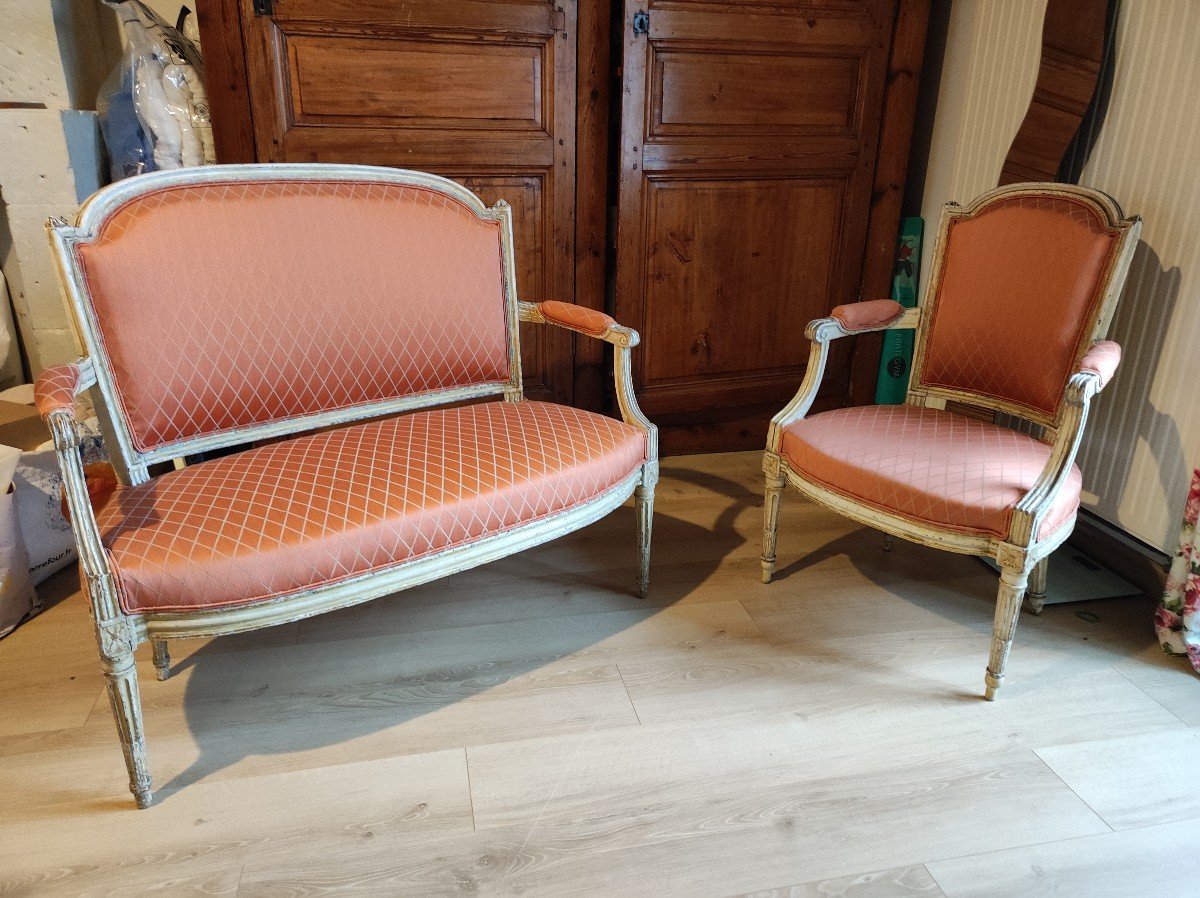 Banquette Louis XVI Avec Son Fauteuil Assorti 