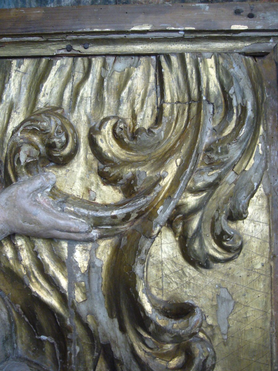 Bas Relief En Bois Doré et Polychrome , Putti Dans Les Feuillages-photo-3