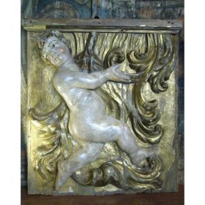 Bas Relief En Bois Doré et Polychrome , Putti Dans Les Feuillages