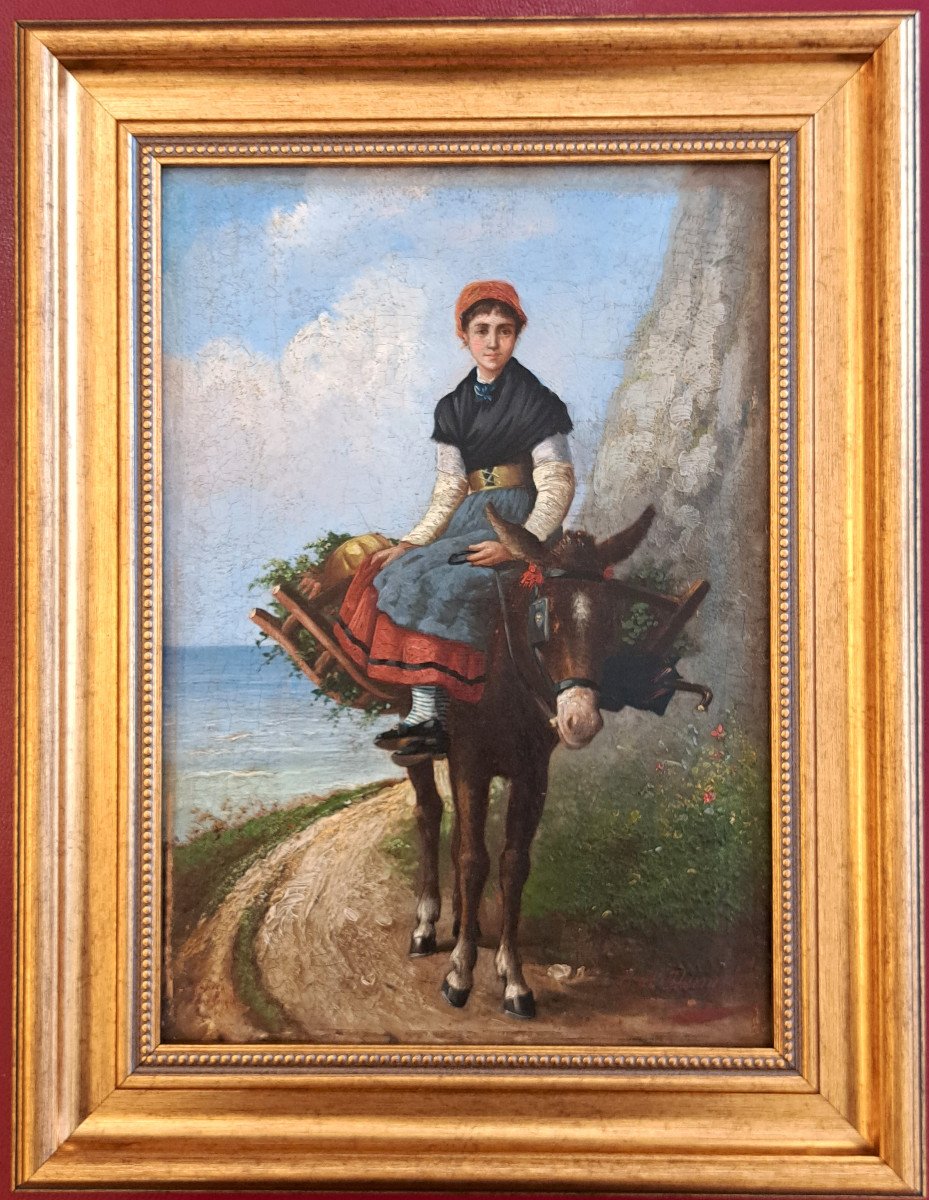 After Augustin Feyen-perrin - Young Girl On Donkey Back In Cancale By Paul Denarié-photo-3