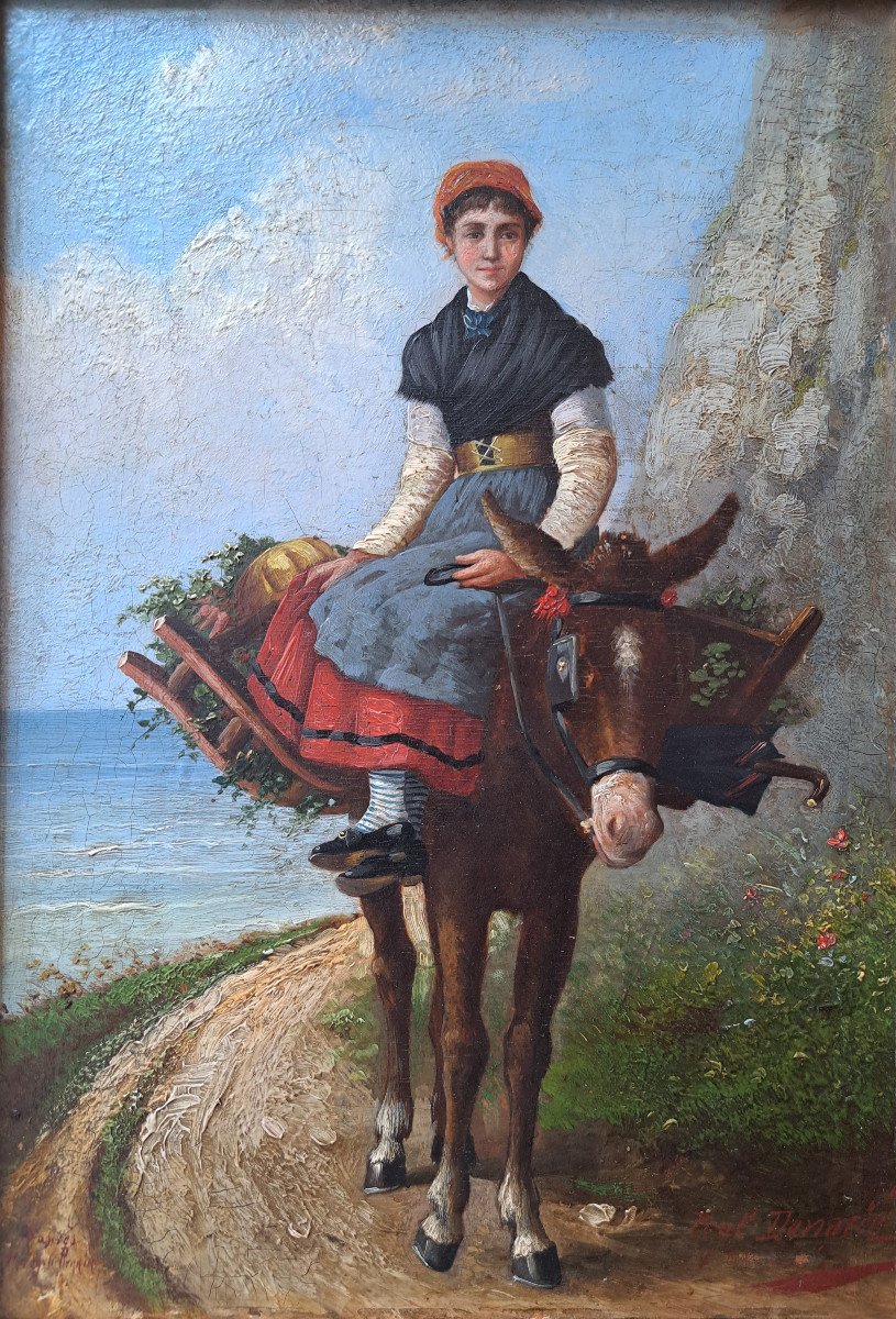 After Augustin Feyen-perrin - Young Girl On Donkey Back In Cancale By Paul Denarié